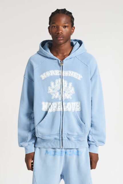 Adultery Zip Azure Washed: Elevate your streetwear with this stylish Azure Washed zip hoodie.
