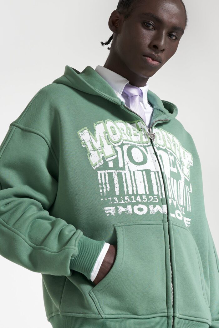 Baseless Barcode Zip Chrome Green: Elevate your streetwear game with this trendy green zip hoodie featuring a unique barcode design.