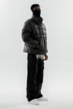 Black ninja puffer jacket, a sleek and stylish outerwear piece perfect for winter, blending fashion with a stealthy edge."