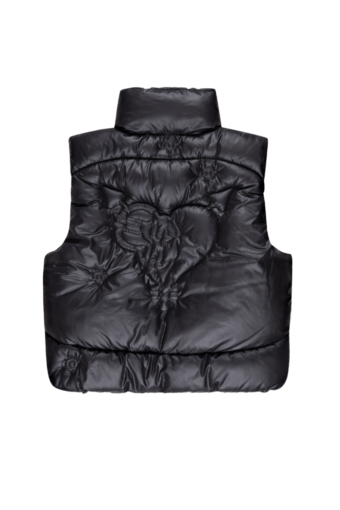 Black bullet puffer vest, a stylish and warm outerwear option for the colder months, combining fashion and functionality.