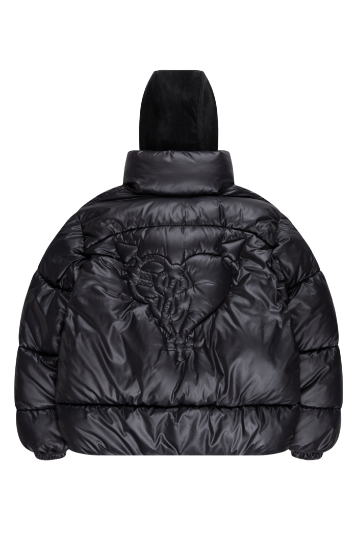 Black ninja puffer jacket, a sleek and stylish outerwear piece perfect for winter, blending fashion with a stealthy edge."